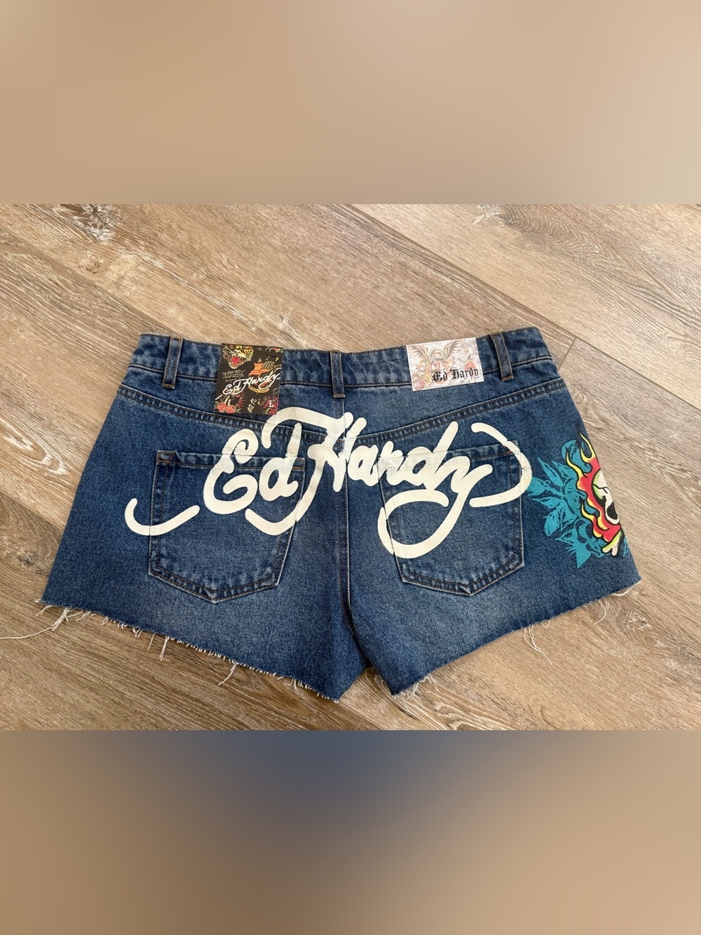 Ed Hardy Blue Denim Shorts with White Logo Script